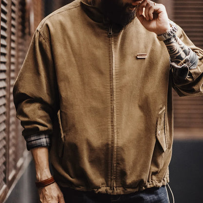 Maden Retro Corduroy Jacket with Stand-up Collar Zipper Flap Pockets Casual Solid Color Outwear for Men's Autumn Versatile Coat