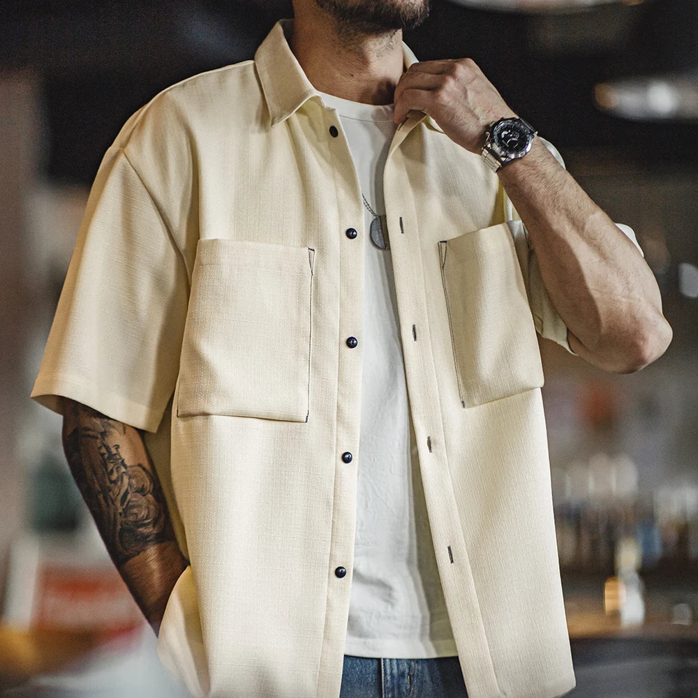 Maden Casual Oversize Drape No-iron Shirt with Pocket Textured Silhouette Short-sleeved Shirt for Men's Summer Tops