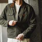 Maden Retro Heavyweight Canvas Detroit Jacket Corduroy Collar Hunting Short Zip-Up Jacket with Pockets Men's Autumn Outerwear