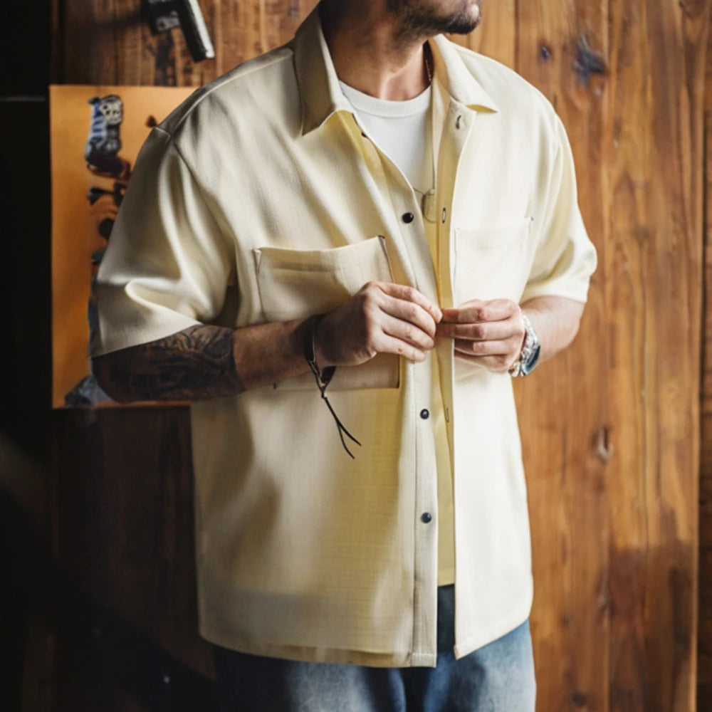 Maden Casual Oversize Drape No-iron Shirt with Pocket Textured Silhouette Short-sleeved Shirt for Men's Summer Tops