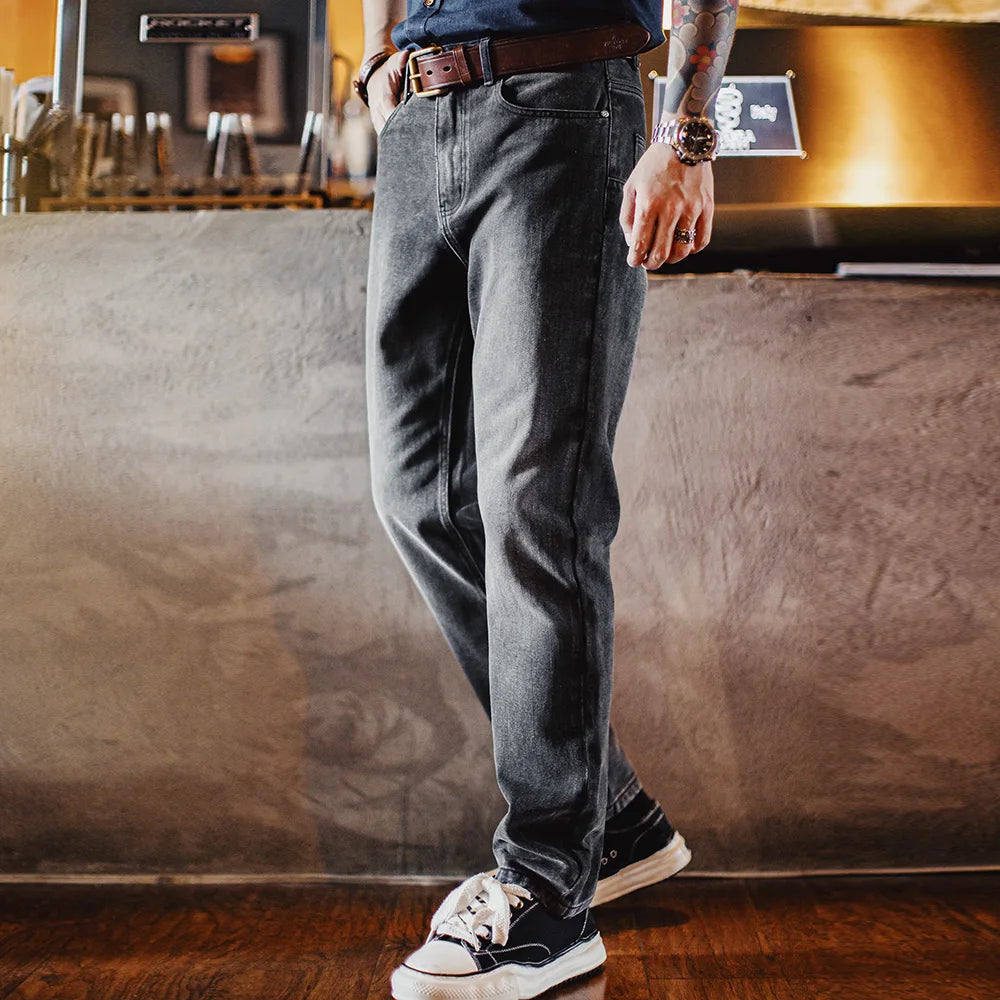 Maden Men's Vintage 13oz Heavyweight Denim Jeans Washed Gray Straight Leg Tapered Pants Casual Trousers for Spring and Fall