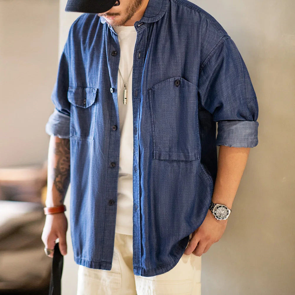 Maden 2023 Autumn Men's Vintage Tencel Denim Shirts Amekaji Lycra Long Sleeve CPO Shirt Jacket Uncle Fu Brand Luxury Jean Blouse