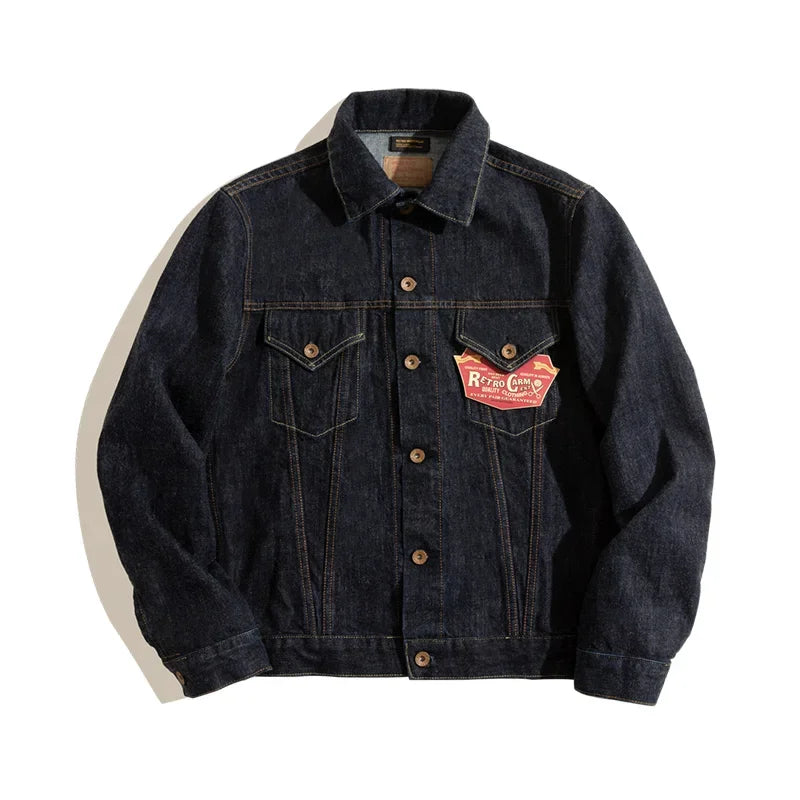 Maden Classic 14.8OZ Type III Jacket for Men Slim-fit Denim Jacket Exposed Seam Patch Pocket Design Vintage Washed Dark Blue
