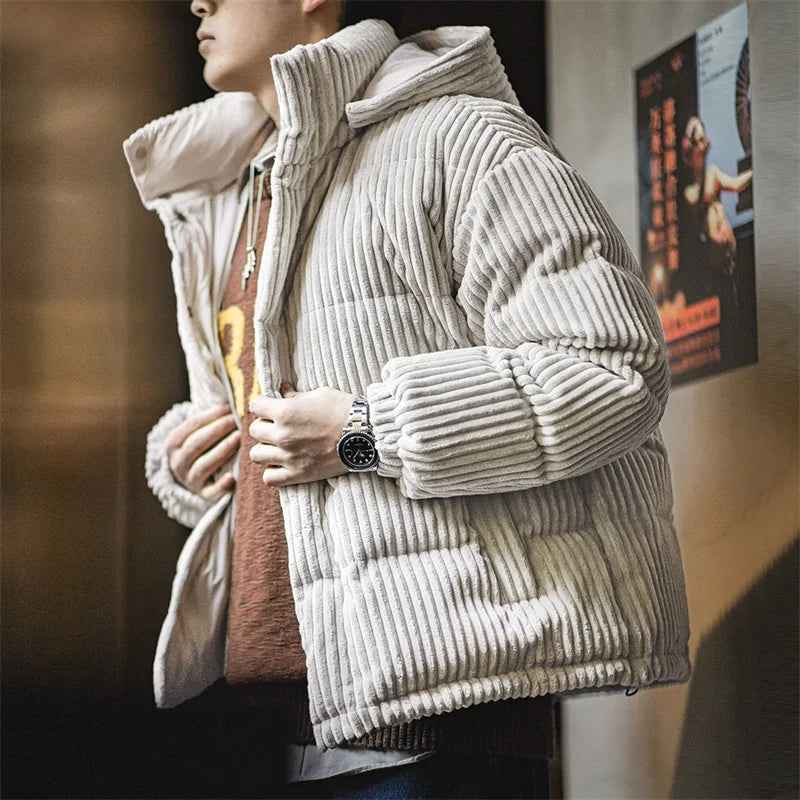Maden Men's Corduroy Down Jacket Winter Thickened Warm Striped Hooded Coat Vintage Padded Jackets Removable Hood Black Clothing