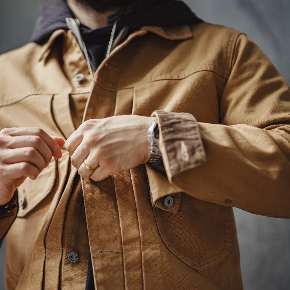 Maden Canvas Rancher Jackets with Collar Back Paris Button Khaki Denim Jacket for Men Vintage Heavyweight Pocket Fall Outerwear