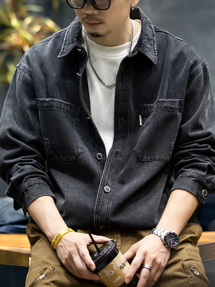 Japanese Vintage Distressed Cargo Shirts For Men Harajuku High Quality Casual Denim Shirt Plus Size Korean Fashion Coat Male