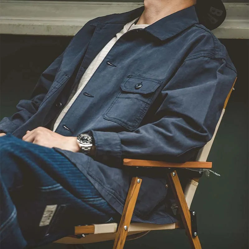 Maden Retro French Jacket Multi-Pocket Lapel Navy Heavyweight Single-breasted Hunting Coat for Men's Spring and Autumn Tops