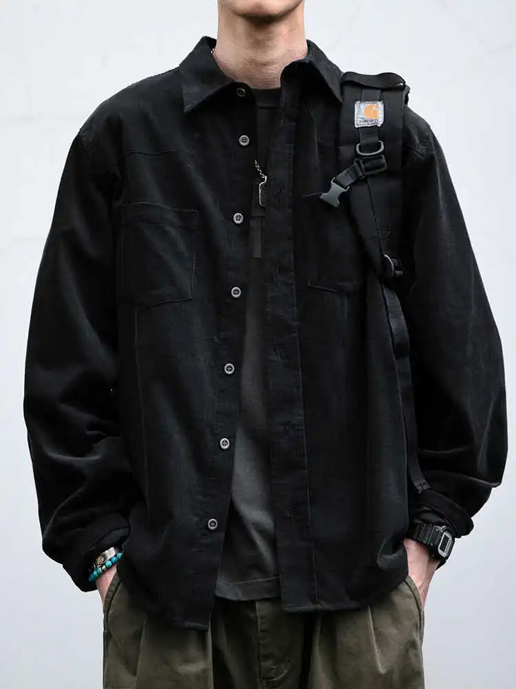 Korean Vintage Work Shirt For Men Corduroy Premium Washed Distressed Turn-Down Collar Relaxed Fit Long Sleeve Casual Fashion