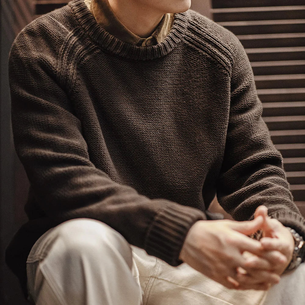 Maden New Vintage Heavyweight Knitted Crew-neck Sweater Brown Warm Pullover Men's Versatile Top for Autumn and Winter Knitwear