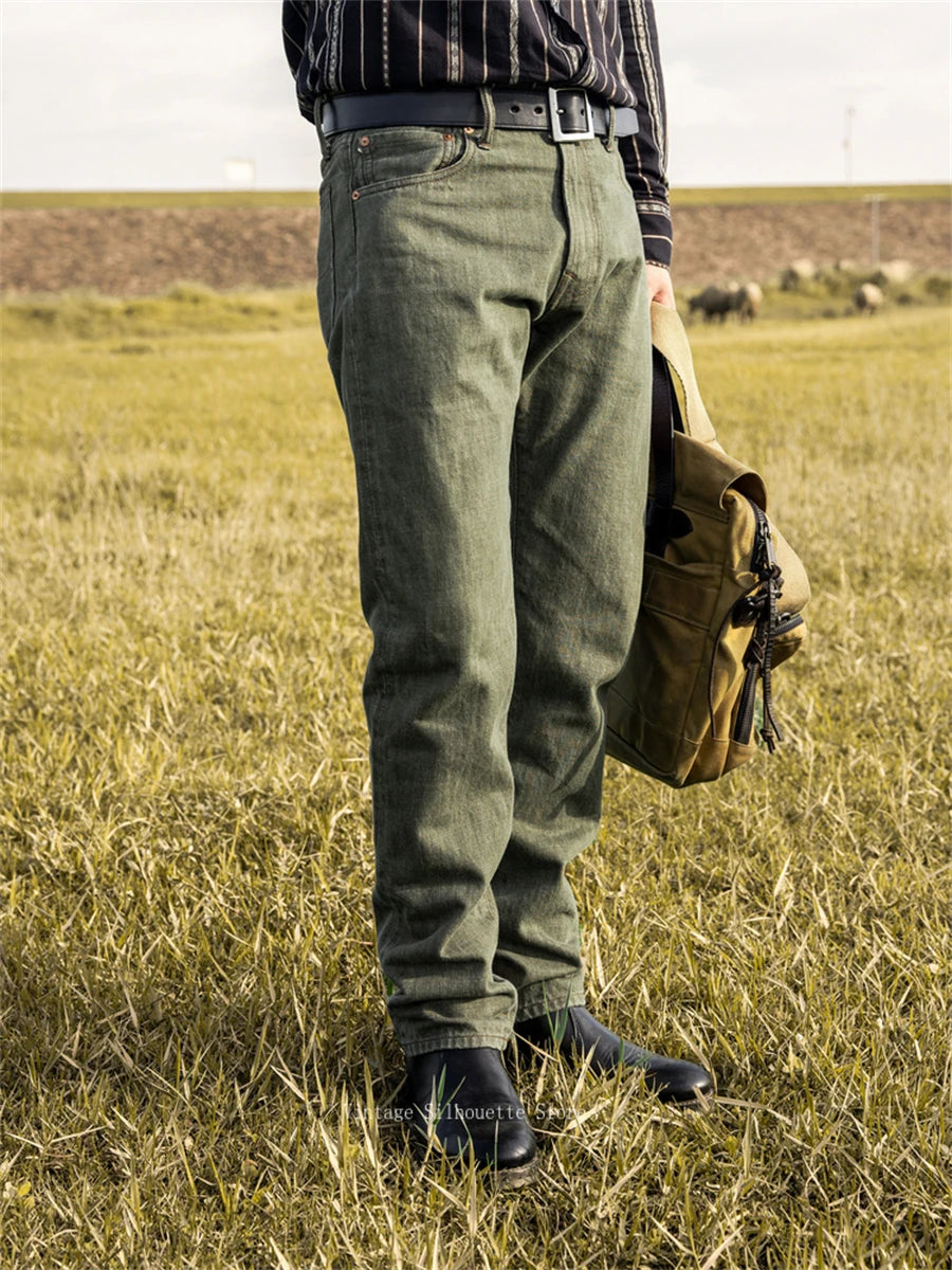 Red Tornado Men's Regular Straight Fit Jeans in Green Rugged Style Selvage Denim Pants