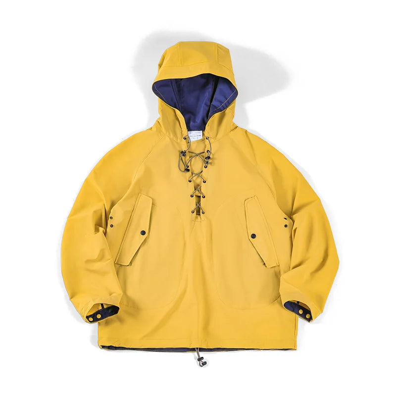 Maden Yellow Hooded Deck Coat for Men Braided Drawstring Collar Autumn Outdoor Wrinkle-Free Pullover Sweatshirt Everyday Wear
