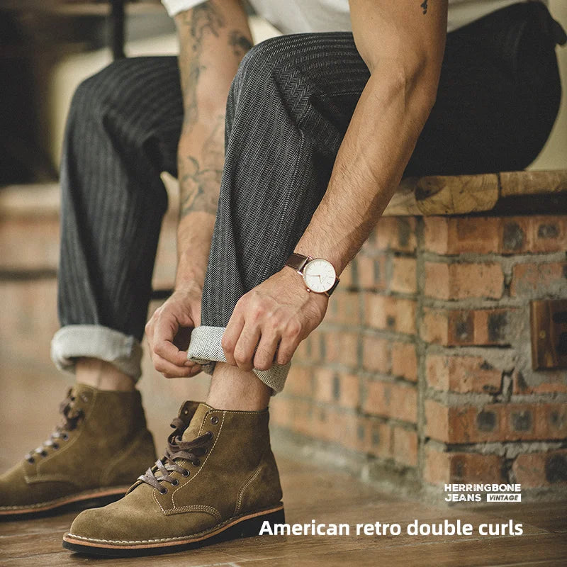 Maden Men's Vintage Gray Vertical Stripe Jeans 12.8OZ Mid-rise Straight Pants Amekaji Tapered Jeans Male Autumn Cotton Pants