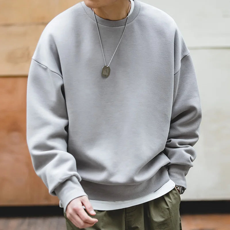 Maden Casual Round Neck Gray Sweathirts for Men Loose Comfortable Cotton Pullover Basic Style Autumn Outdoor Undershirt