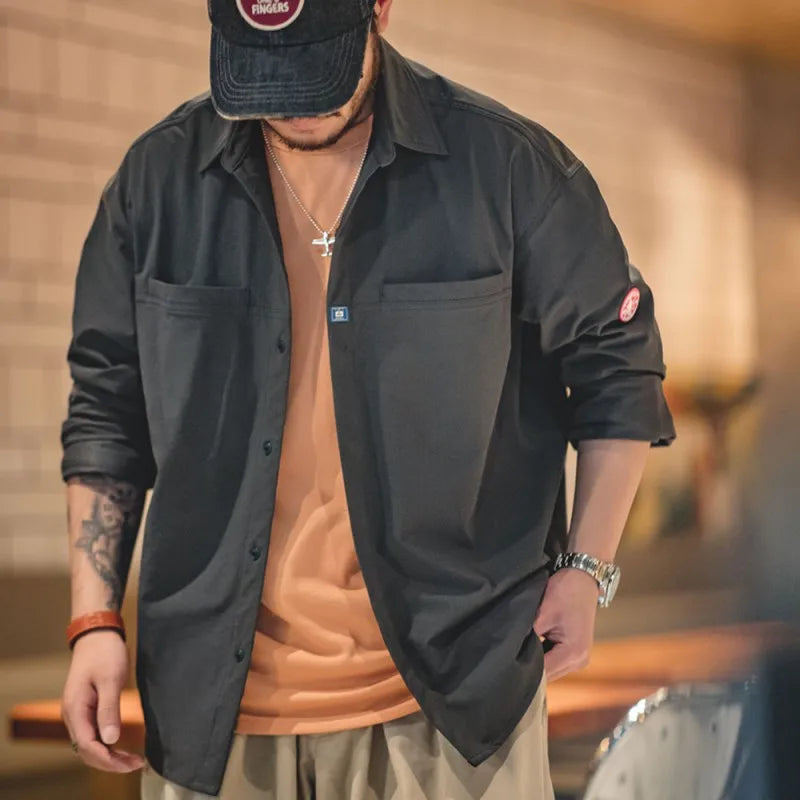 Maden Wrinkle-resistant Subtle Stripe Shirts for Men Outdoor Dark Gray Long-sleeved Loose Fit Shirt Autumn Pockets Shirts Jacket