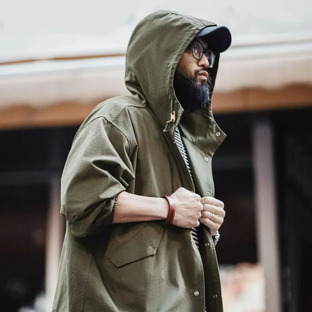 Maden Vintage Green M51 Hooded Jacket Loose Fishtail Short Overcoat Men's Versatile Outwear with Pockets Hidden Button Placket