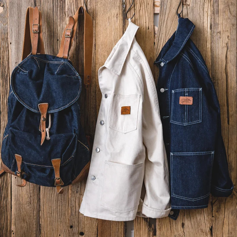 Maden Workwear French Vintage Square Neck White Denim Jacket Large Pocket Raglan Men's Top Early Autumn Coat