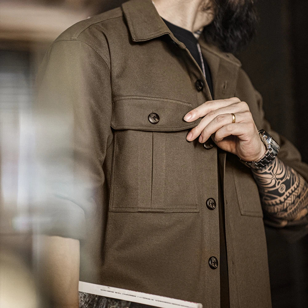 Maden Vintage Solid - color Lapel Jacket Loose Fit Heavy - weight Single - breasted Coat for Men's Autumn and Winter Shirts