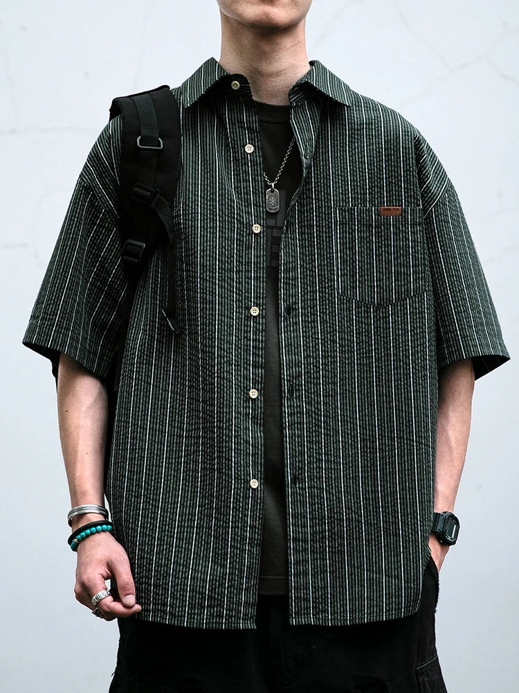 Japanese Vintage Men Summer Casual Shirt Short Sleeve Oversized Striped Pure Cotton Loose Fit Trendy Breathable High Quality Top