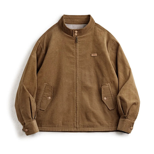 Maden Retro Corduroy Jacket with Stand-up Collar Zipper Flap Pockets Casual Solid Color Outwear for Men's Autumn Versatile Coat