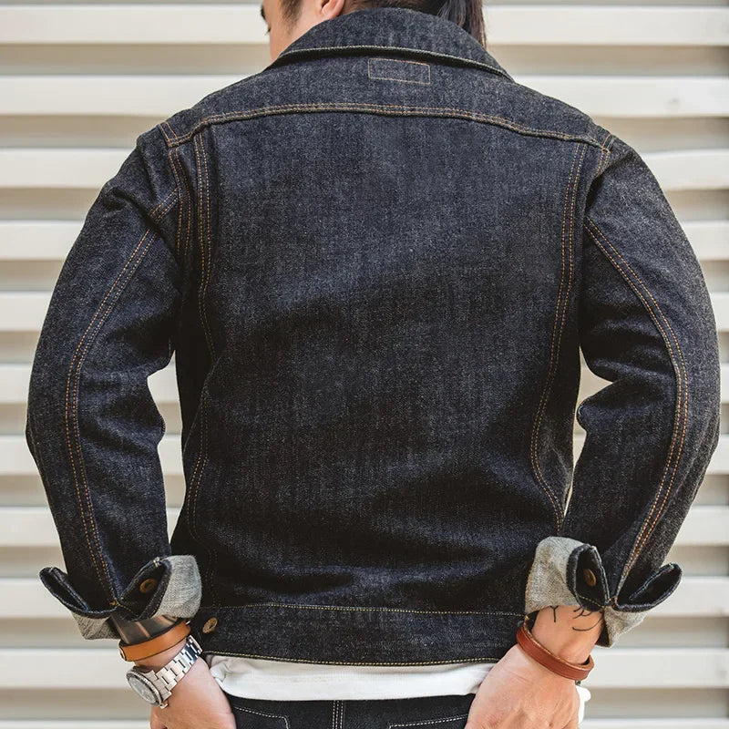 Maden Classic 14.8OZ Type III Jacket for Men Slim-fit Denim Jacket Exposed Seam Patch Pocket Design Vintage Washed Dark Blue