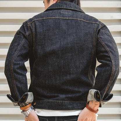 Maden Classic 14.8OZ Type III Jacket for Men Slim-fit Denim Jacket Exposed Seam Patch Pocket Design Vintage Washed Dark Blue