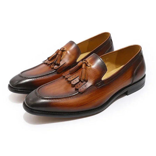FELIX CHU Men's Genuine Leather Handmade Loafers Green/Black Tassel Dress Shoes Autumn Wedding Moccasin Party Footwear