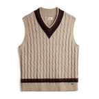 Maden Retro Ivy Knit V-Neck Sweaters Vest Color-Block Sleeveless Classic Versatile Men's Khaki Tops with Preppy Style for Autumn