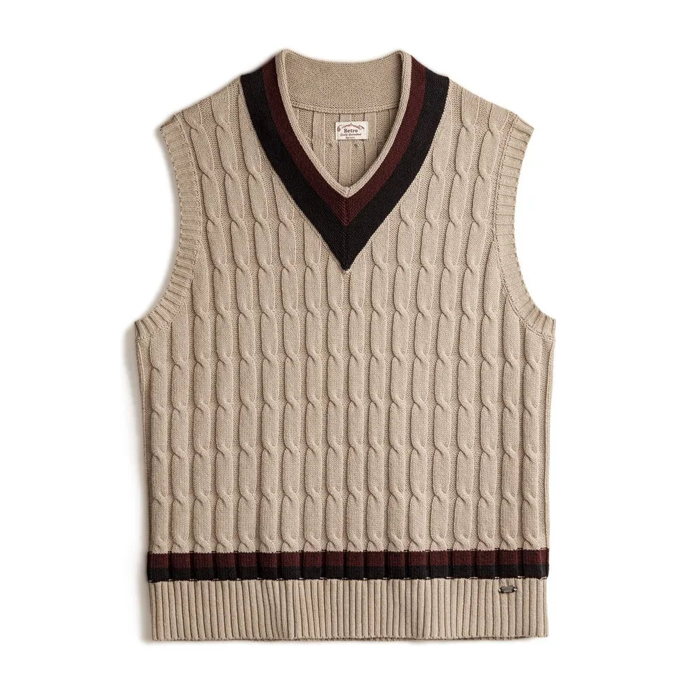 Maden Retro Ivy Knit V-Neck Sweaters Vest Color-Block Sleeveless Classic Versatile Men's Khaki Tops with Preppy Style for Autumn