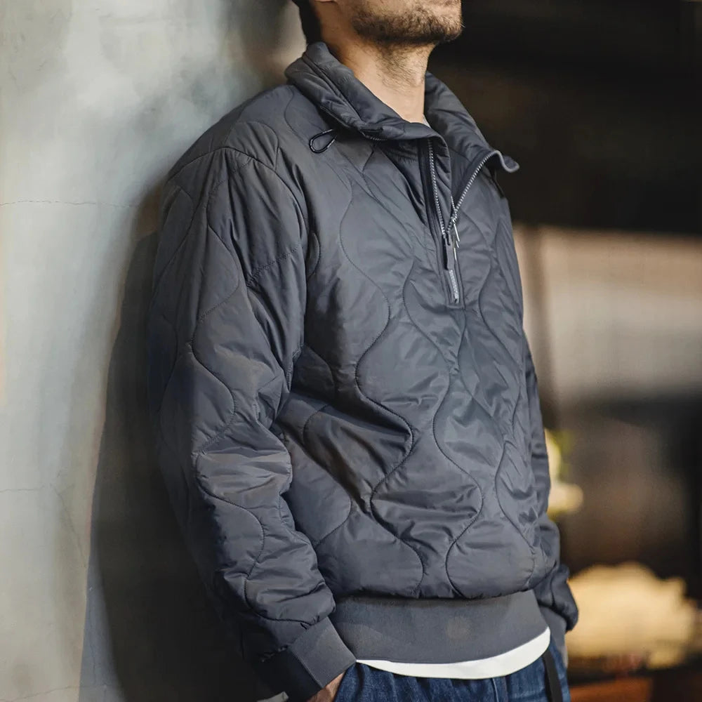 Maden Quilting Half Zip Coat for Men 3M Thinsulate Filling Winter Thickened Warm Parkas Gray Stand-up Collar Pullover Men's Coat