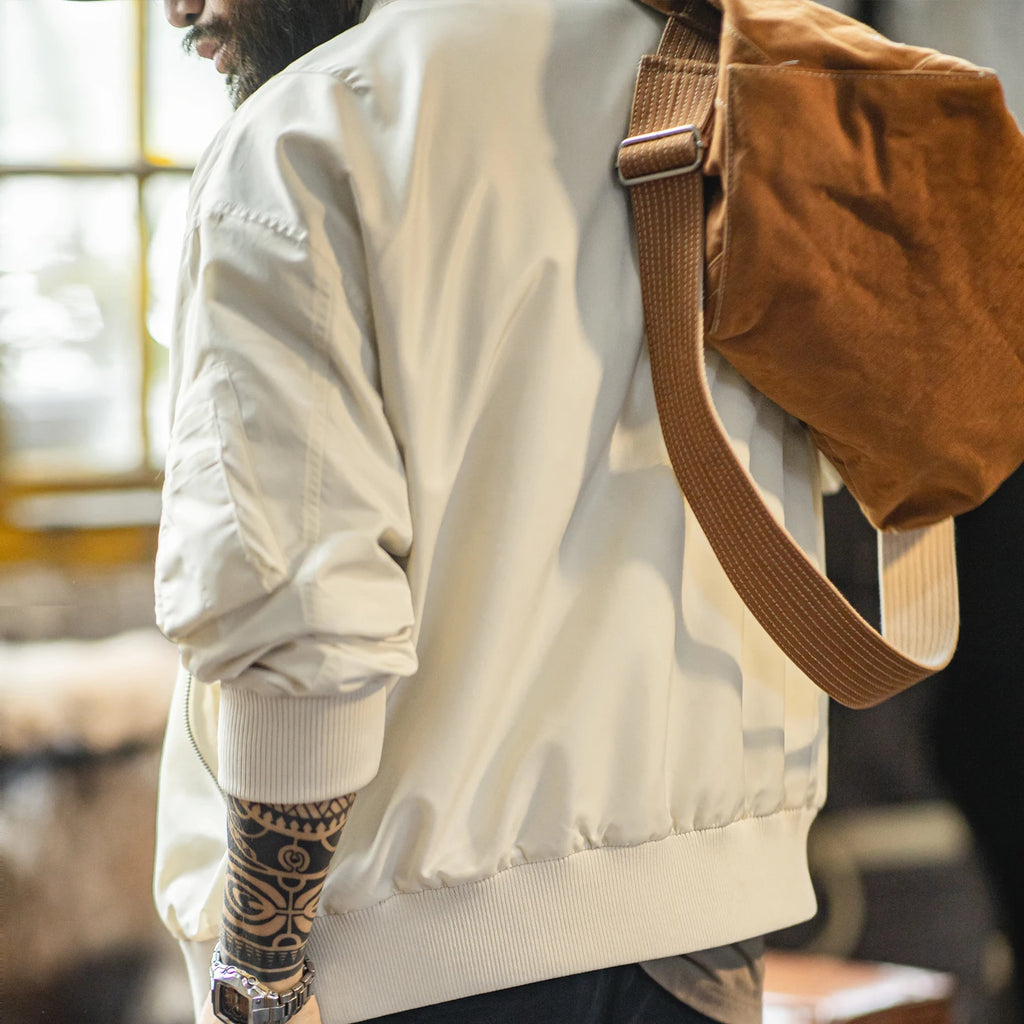 Maden Men's Vintage L2B Pilot Jacket White Lightweight Flight Bomber Jacket Short Zip-Up Casual Baseball Coat for Spring Autumn