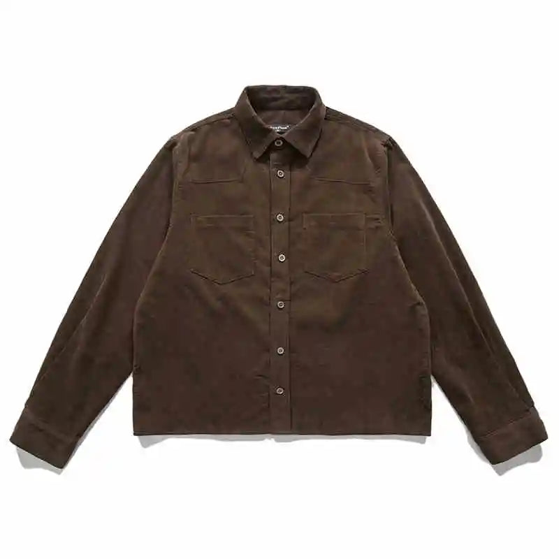 Korean Vintage Work Shirt For Men Corduroy Premium Washed Distressed Turn-Down Collar Relaxed Fit Long Sleeve Casual Fashion
