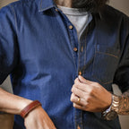 Maden Vintage Long Sleeved Men Denim Shirt Single Pocket Workwear Slim Fit Casual Shirt Single Breasted Turn-Down Collar Blouse