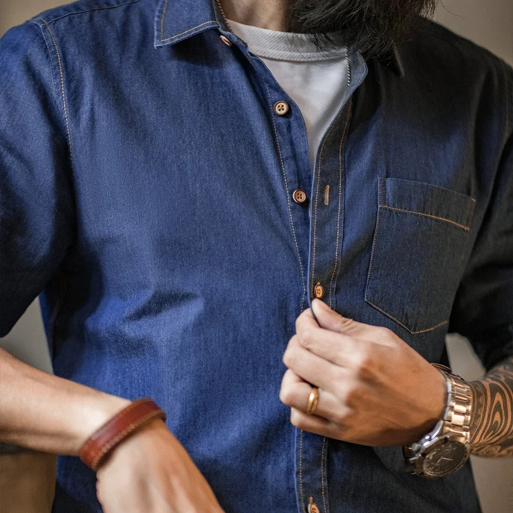 Maden Vintage Long Sleeved Men Denim Shirt Single Pocket Workwear Slim Fit Casual Shirt Single Breasted Turn-Down Collar Blouse