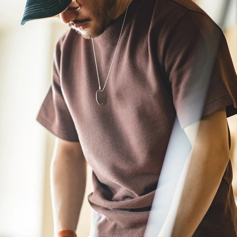 Maden Retro Knit Waffle Short Sleeve T-shirts for Men's Summer Round Neck Loose Fit Casual Tee Basic Solid Color Classic Tops