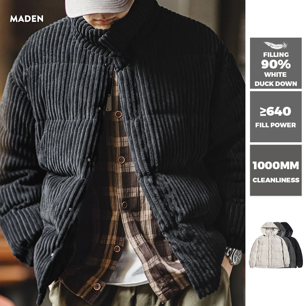 Maden Men's Corduroy Down Jacket Winter Thickened Warm Striped Hooded Coat Vintage Padded Jackets Removable Hood Black Clothing