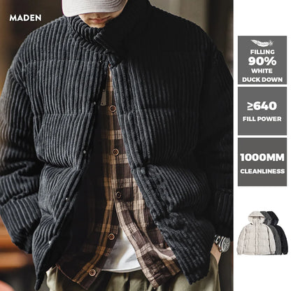 Maden Men's Corduroy Down Jacket Winter Thickened Warm Striped Hooded Coat Vintage Padded Jackets Removable Hood Black Clothing