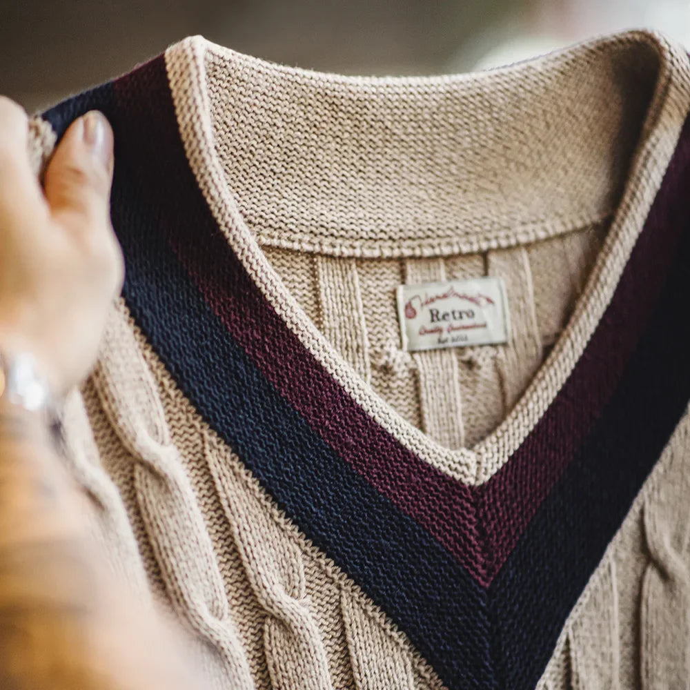 Maden Retro Ivy Knit V-Neck Sweaters Vest Color-Block Sleeveless Classic Versatile Men's Khaki Tops with Preppy Style for Autumn