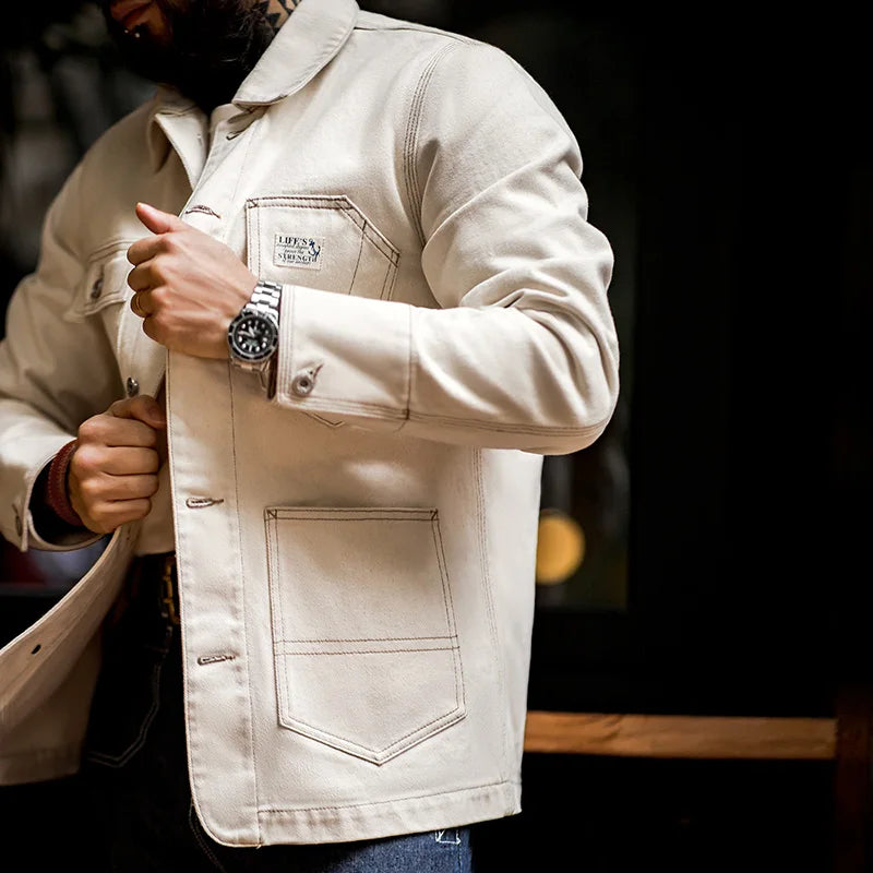 Maden Men's Vintage Classic Work Jacket Four Pockets and Five Buttons Male Spring and Autumn Beige Jacket Cotton Seed Husk Top
