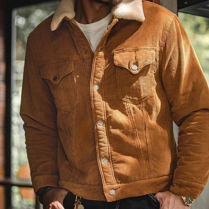 Maden Faux Lamb Wool Corduroy Jacket for Men Ginger Color Thickened Lapel Single-breasted Coat Fall and Winter Warm Jacket