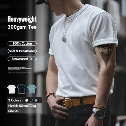 Maden Men's Vintage Heavyweight 300g T-Shirt Solid Color 100% Cotton Crewneck T-shirts White Classic Unisex Short Sleeve Tees