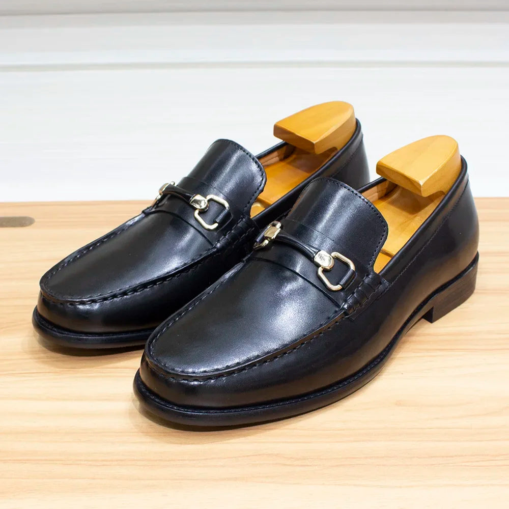 Classic Men's Loafers Genuine Leather Handmade Metal Chain Casual Business Dress Shoes Fashion Party Wedding Footwear for Men