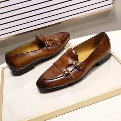 FELIX CHU Men's Genuine Leather Loafers Handmade Monk Strap Casual Dress Shoes for Wedding Party Summer Autumn Footwear