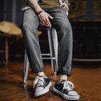 Maden Men's Vintage 13oz Heavyweight Denim Jeans Washed Gray Straight Leg Tapered Pants Casual Trousers for Spring and Fall