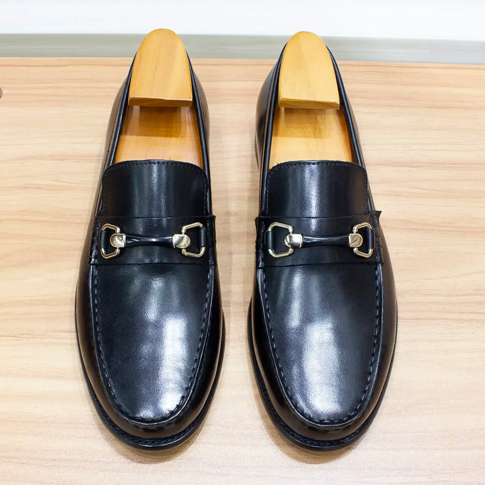 Classic Men's Loafers Genuine Leather Handmade Metal Chain Casual Business Dress Shoes Fashion Party Wedding Footwear for Men