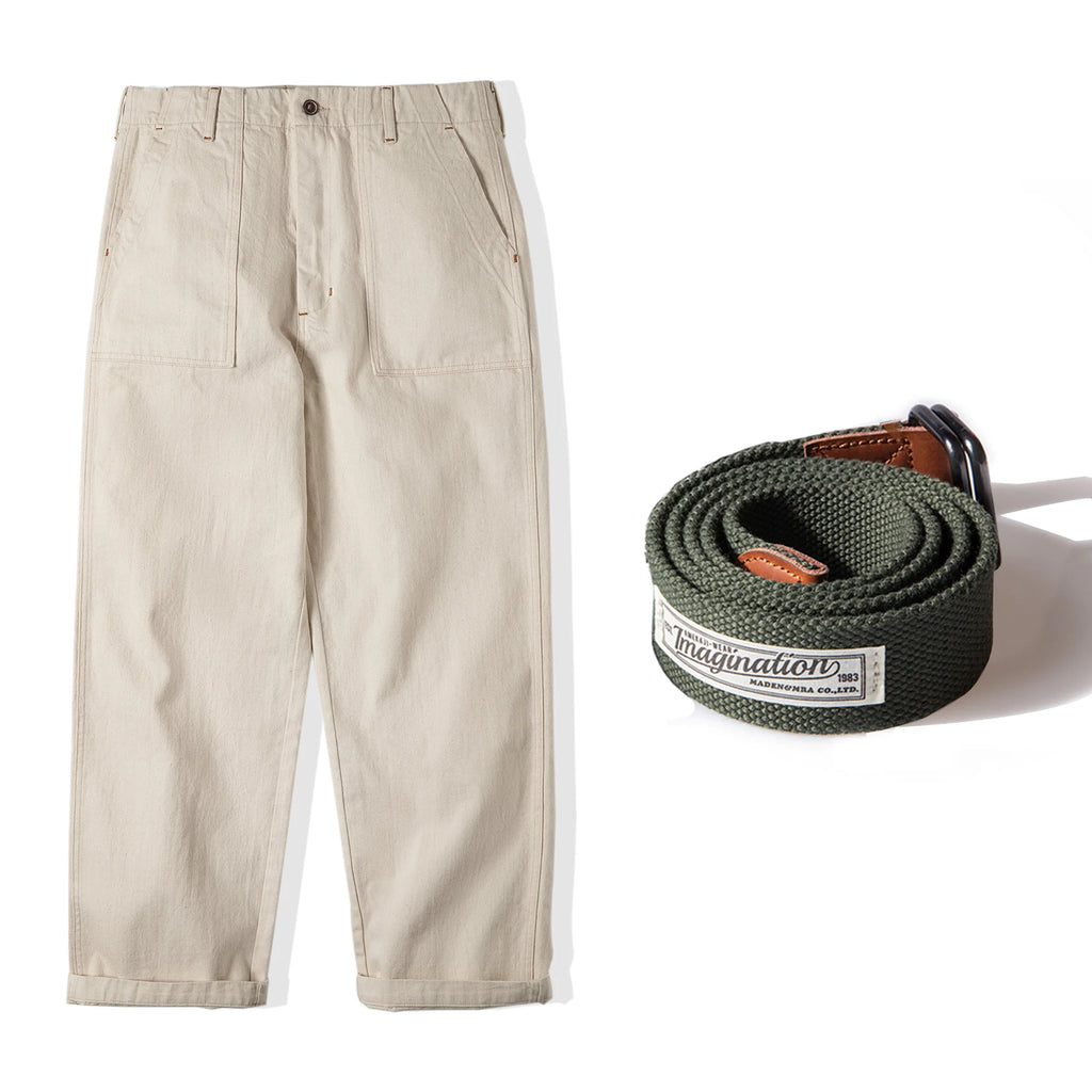 Maden Men's Vintage 11.2oz White Cottonseed Hull Jeans Casual Baggy Fit Straight Trousers for Spring and Fall Chino Cargo Pants