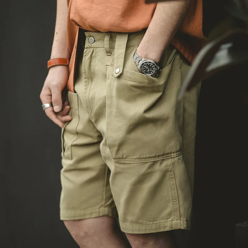 Maden Vintage P37 Cotton Cargo Shorts Men's Summer Solid Color Adjustable Waist Shorts Straight Leg Military Style Casual Bottom