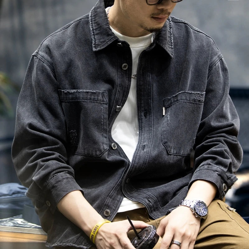 Japanese Vintage Distressed Cargo Shirts For Men Harajuku High Quality Casual Denim Shirt Plus Size Korean Fashion Coat Male