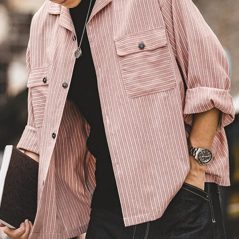 Maden Vintage Men's Striped Cuban Collar Shirts with Pockets Long-sleeved Blouses for Spring and Fall Versatile Trend Tops