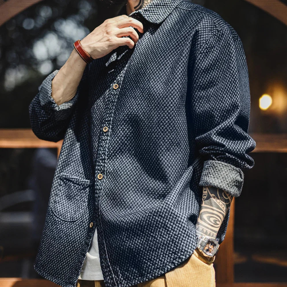 Maden Retro Loose Long-sleeved Denim Shirt Checkered Lapel Single-breasted Jacket for Men Spring and Fall Versatile Outerwear
