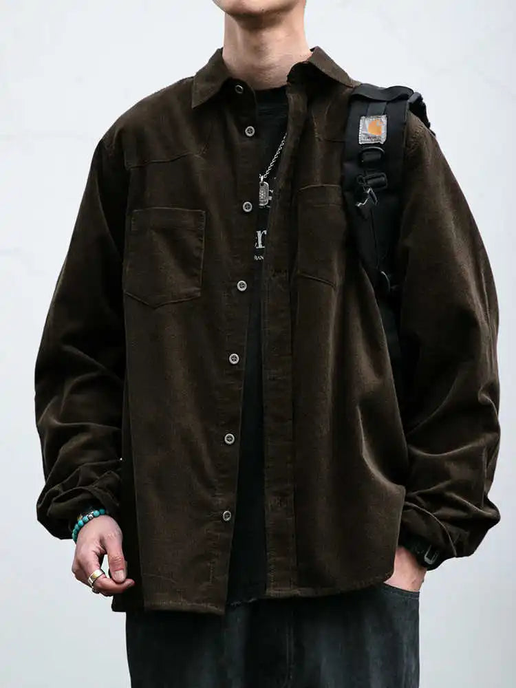 Korean Vintage Work Shirt For Men Corduroy Premium Washed Distressed Turn-Down Collar Relaxed Fit Long Sleeve Casual Fashion